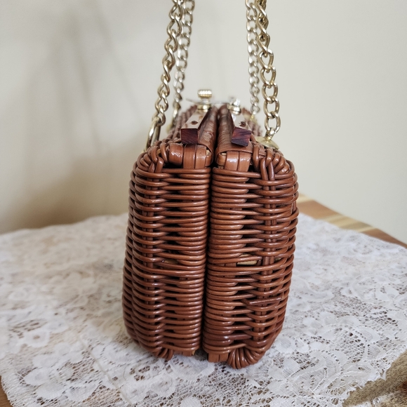 VTG 1960's Brown Woven Wicker Purse with Lucite Accent Bag Chain Handle Boho - Picture 5 of 11